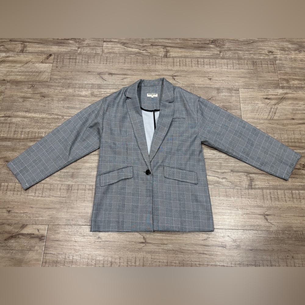 Free People Gray black plaid houndstooth Checkered Blazer oversized baggy preppy - Picture 8 of 8